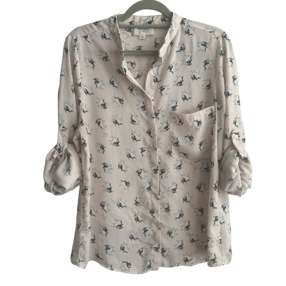 Everly‎ Boston Terrier Print Top Blouse Pink Roll Tab Sleeve size small